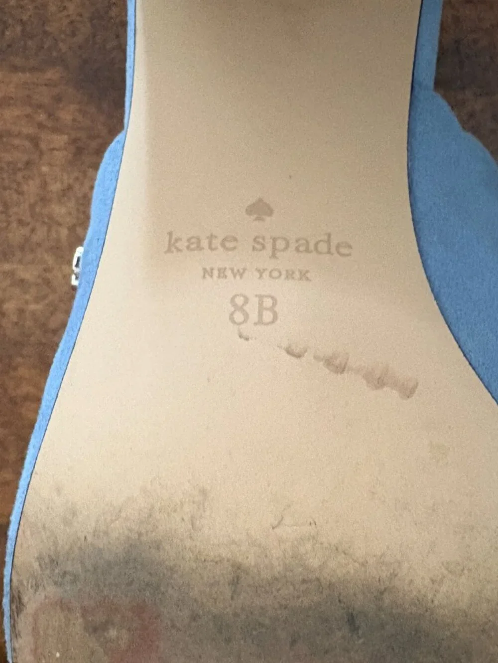 Kate Spade Blythe Blue Suede Scallop Cork Block Heel Mule Sandals Coastal Chic 8